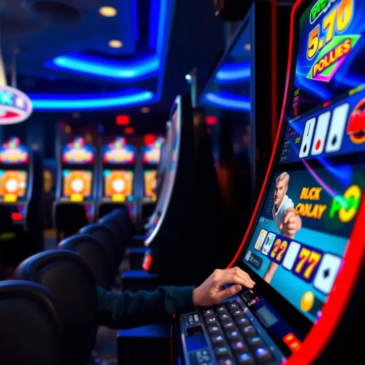 User interacting with a pokies machine featuring buttons and digital screen in a casino setting