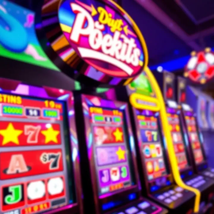 Colorful pokies machine screen showing various symbols and spinning reels