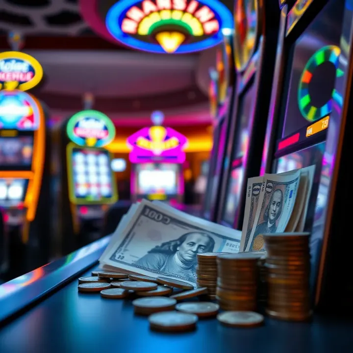 Illustration of a budget plan with coins and notes beside a pokies machine