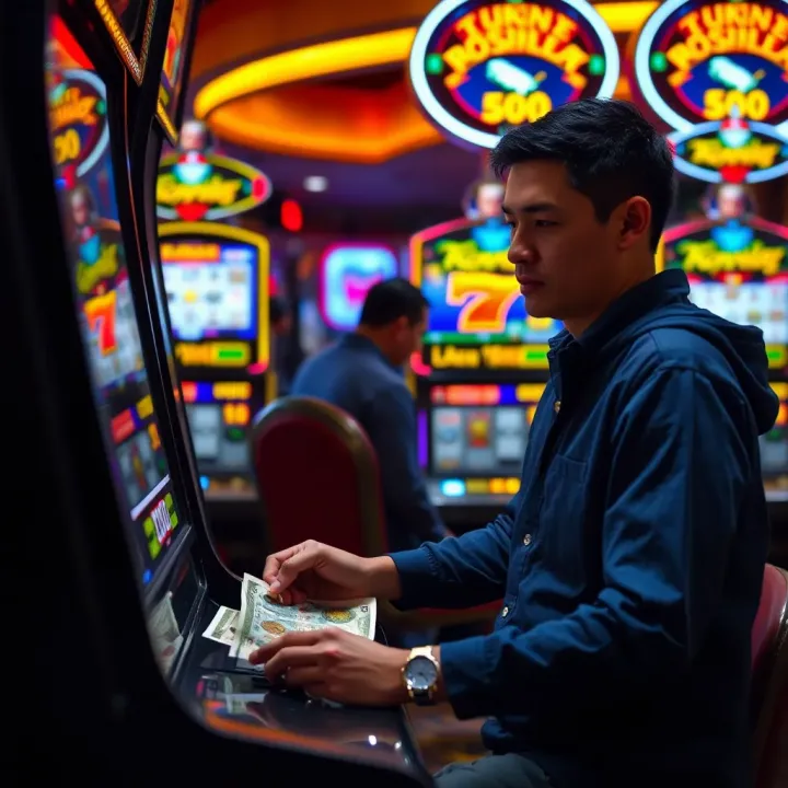 Effective Bankroll Management for Pokies Players Illustration of a person managing a bankroll with notes and coins beside a pokies machine