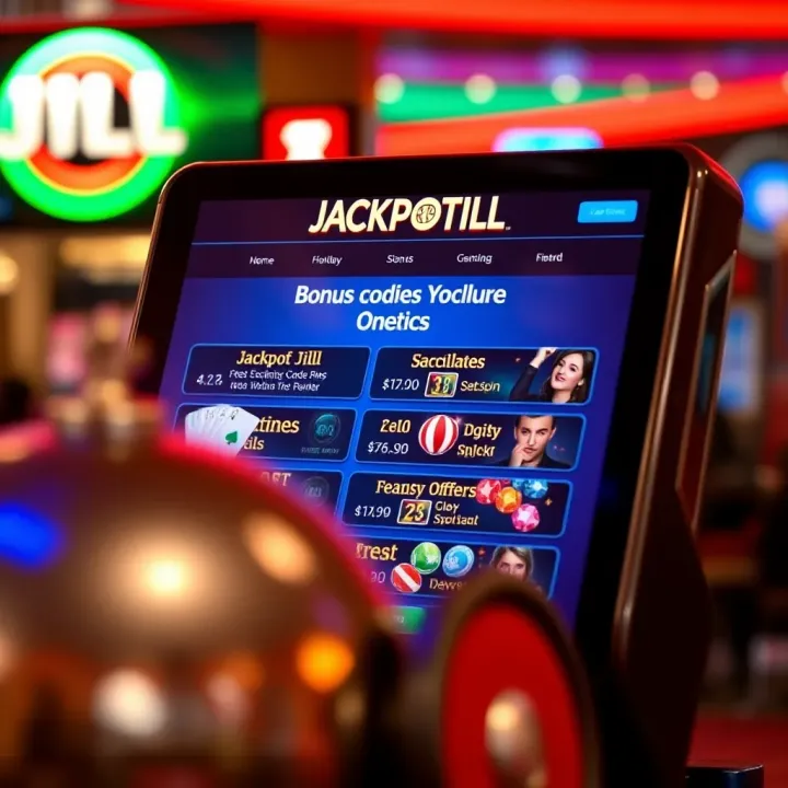 Digital interface showing Jackpot Jill bonus codes and exclusive offers on a casino website