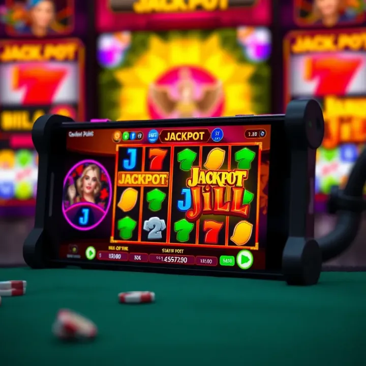 Mobile screen displaying Jackpot Jill slot game interface with vibrant symbols and jackpot feature