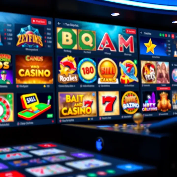 Digital interface displaying a variety of online casino games including slots and card games