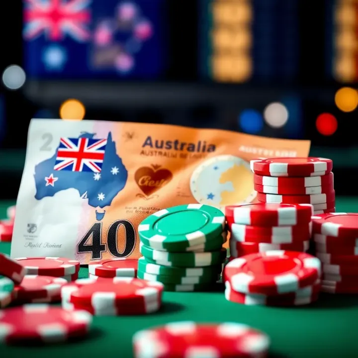 Graphic showing Australian currency and casino chips symbolizing maximising no deposit bonus benefits in online gaming