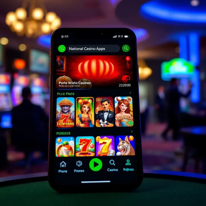 Mobile device displaying the National Casino App interface with various casino game icons