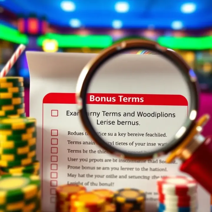 Graphic showing a checklist of bonus terms and a magnifying glass highlighting important details