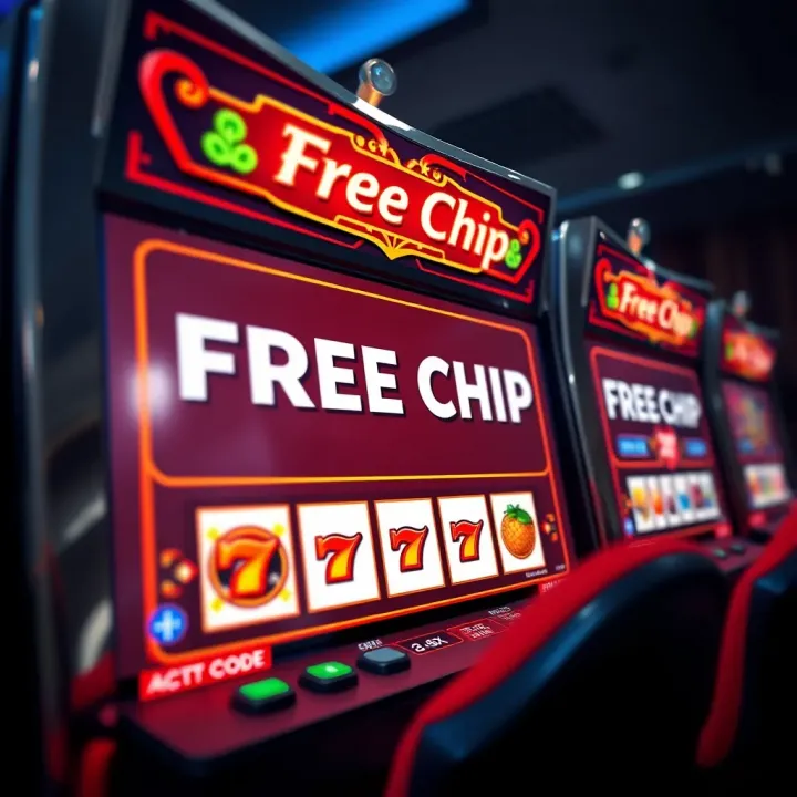 Illustration of a digital casino interface displaying free chip code activation on a virtual slot machine screen