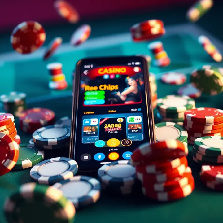 Illustration showing virtual casino chips surrounding a smartphone displaying an online casino interface