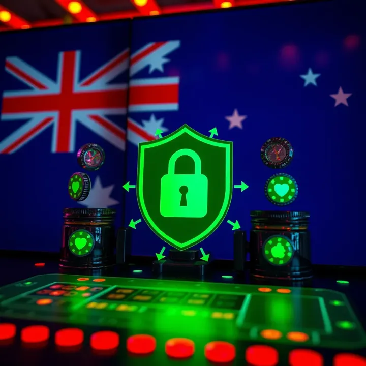 Secure online casino platform with digital security icons and Australian flag background