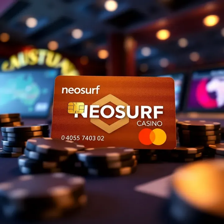 Illustration showing digital Neosurf card with casino chips and Australian currency symbols around it