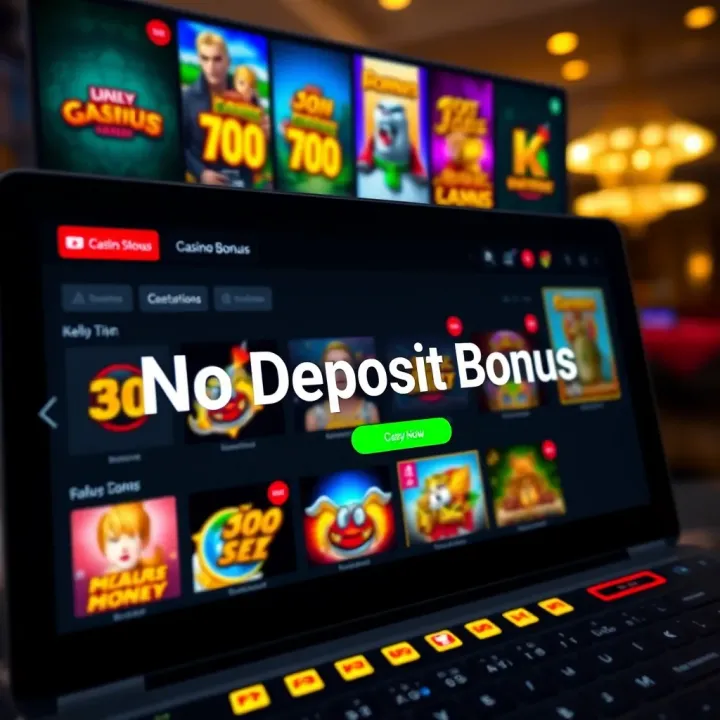 Digital casino interface showing a variety of slot games with highlighted no deposit bonus offer