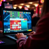 Digital depiction of a person using a laptop to play Keno online with a virtual game interface visible on the screen.