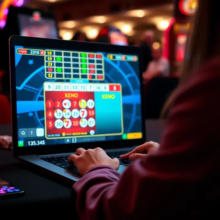 Playing Keno Online in Massachusetts on a Digital Device Digital depiction of a person using a laptop to play Keno online with a virtual game interface visible on the screen.