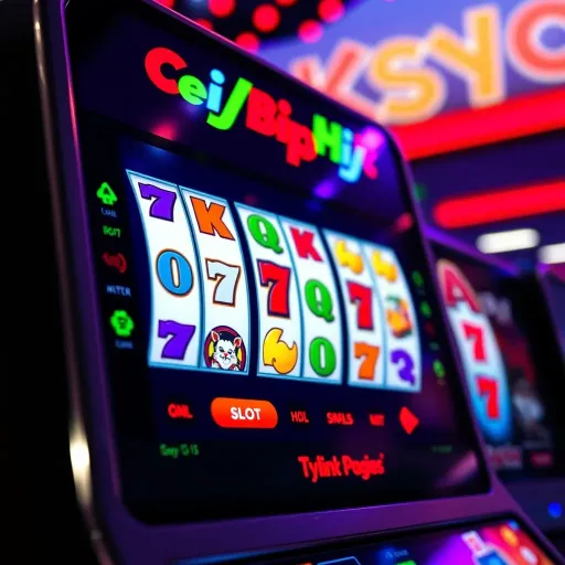 Digital slot machine interface displaying colorful reels with various symbols