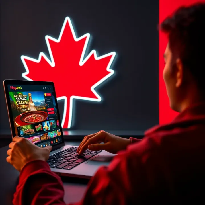 Canadian player enjoying online casino games on a laptop with maple leaf background