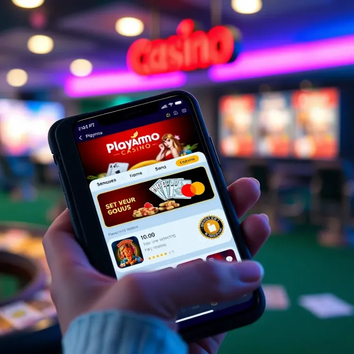 Mobile device displaying Playamo Casino app with visible bonuses and secure payment options