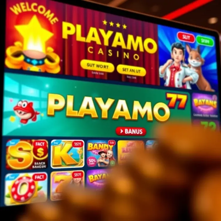 Colorful online casino interface displaying various slot games and a welcome bonus banner