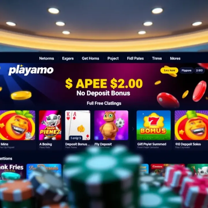 Playamo casino interface showcasing free chip no deposit bonus offer with vibrant casino game icons