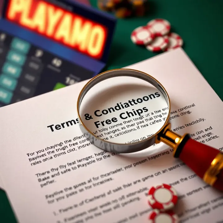 Terms and conditions document with magnifying glass highlighting important rules for using Playamo free chips