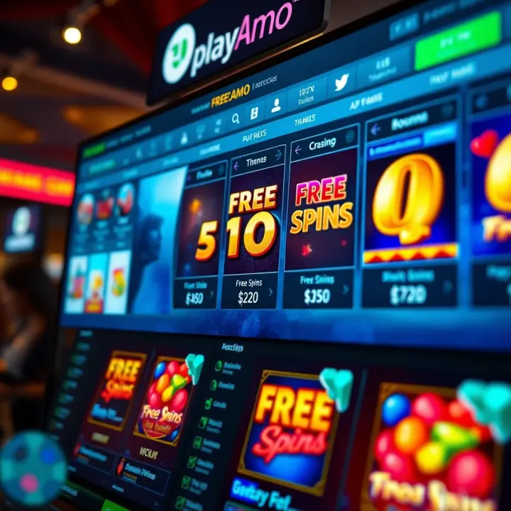 A vibrant online casino interface showcasing available free spin offers with colorful slot machine graphics