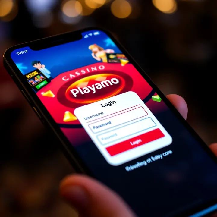 Mobile device displaying Playamo casino login screen with username and password fields