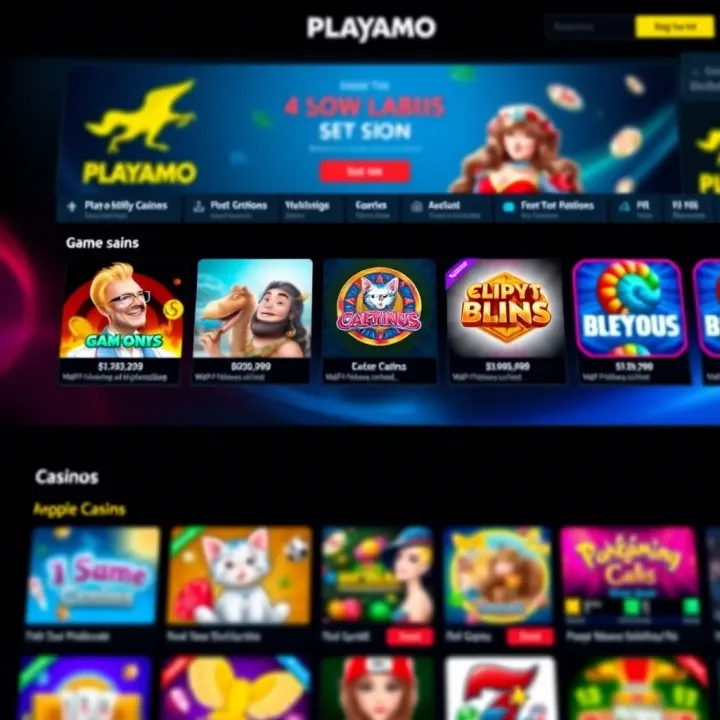 Playamo casino homepage showcasing diverse slot games and vibrant casino interface