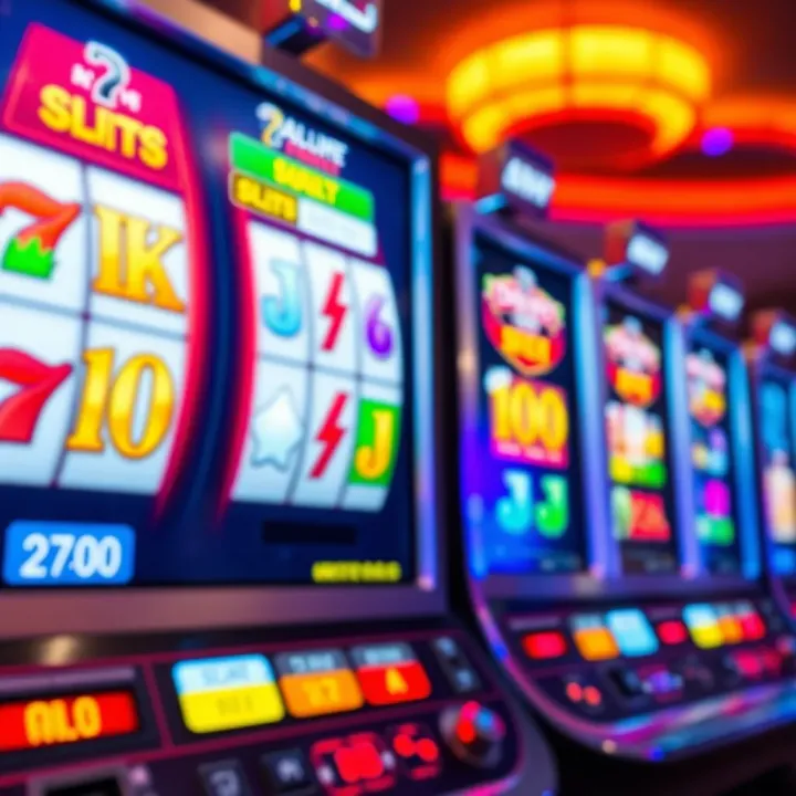 Colorful digital slot machine reels with various symbols glowing on a screen