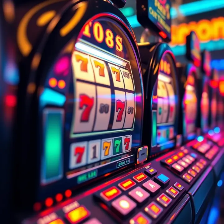 Close-up of a classic Australian pokie machine with colorful reels and illuminated buttons