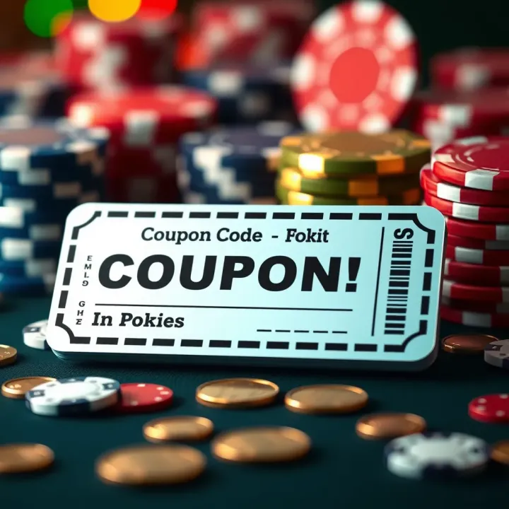 Illustration of a digital coupon code with a background of casino chips and coins