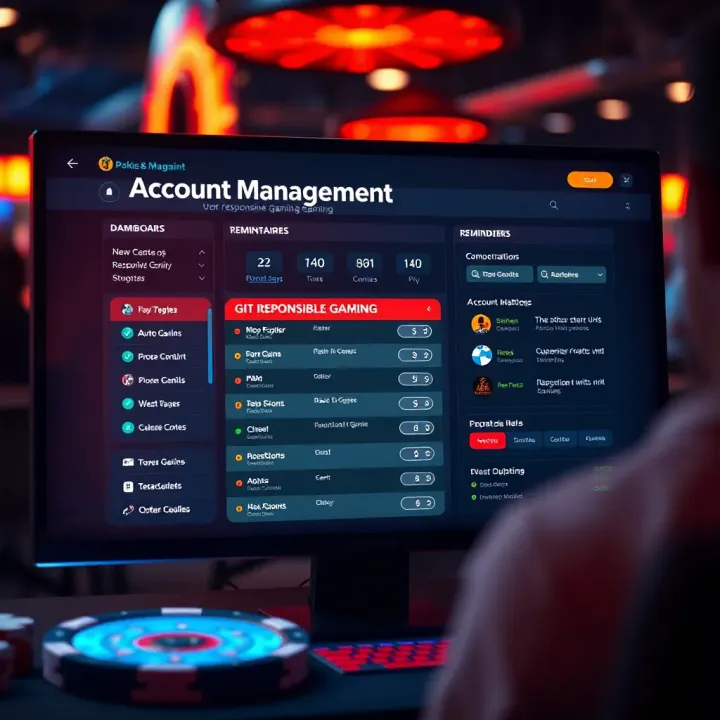 User dashboard showcasing account management options and responsible gaming reminders
