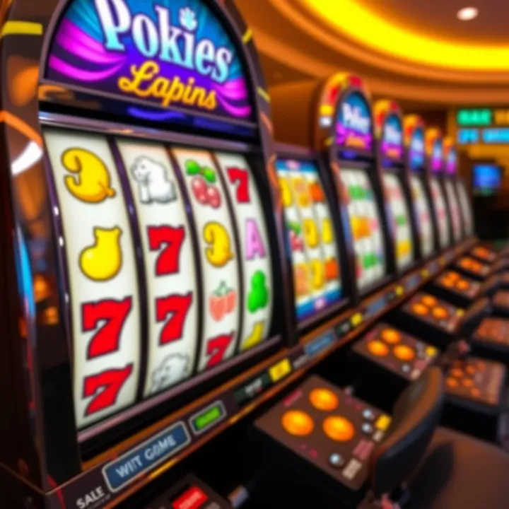 Colorful online pokies game interface showing reels with various symbols