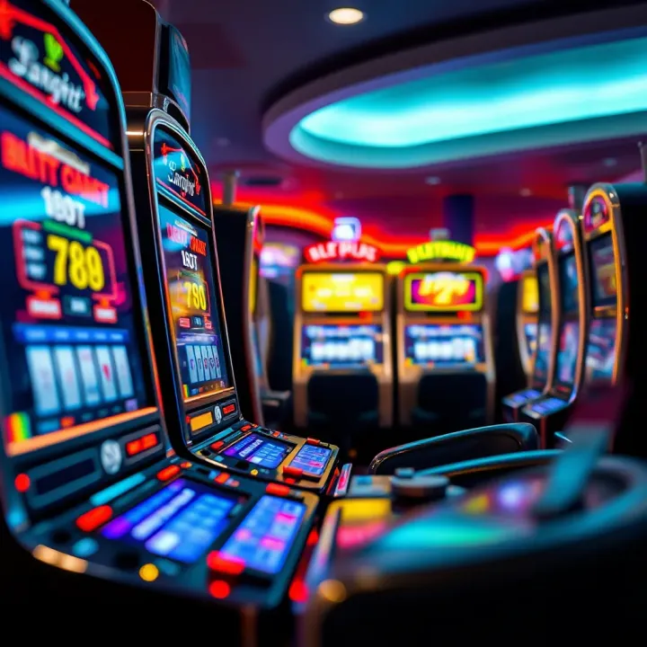 Gaming venue environment featuring multiple electronic slot machines with visible payout percentages