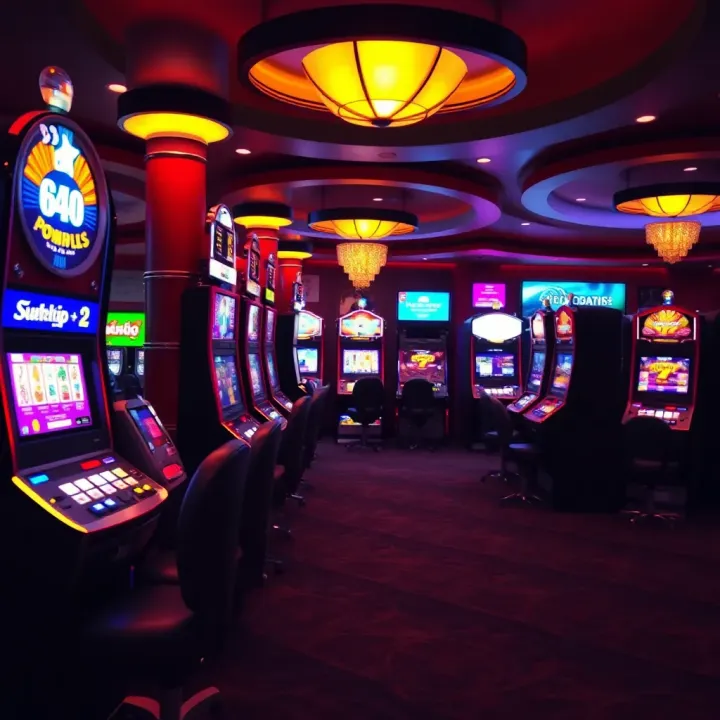 Illustration of a casino floor with various pokies machines under ambient lighting
