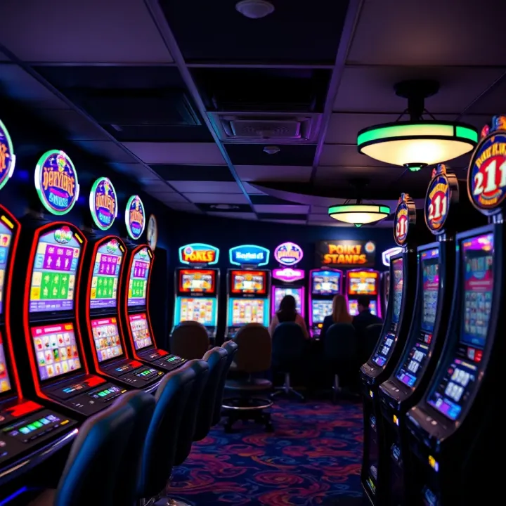 Interior of a pokies venue showing multiple gaming machines with colorful screens and lighting