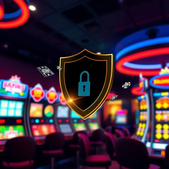Secure online gaming environment illustration with a shield and digital elements representing safety