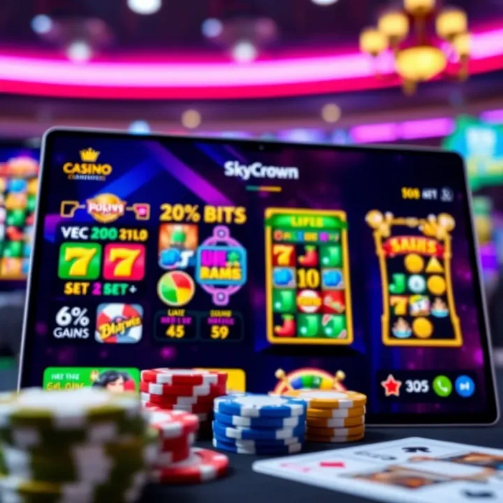Colorful casino slot games and poker chips on a digital screen representing online gaming variety