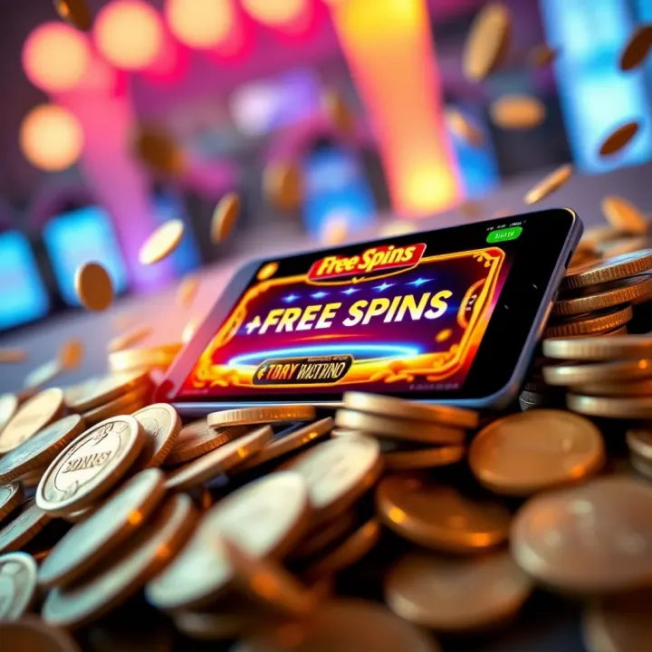 Digital coins surrounding a mobile device displaying free spins promotion