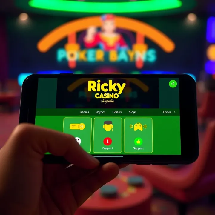 Mobile device displaying Ricky Casino's user-friendly interface with payment and support icons