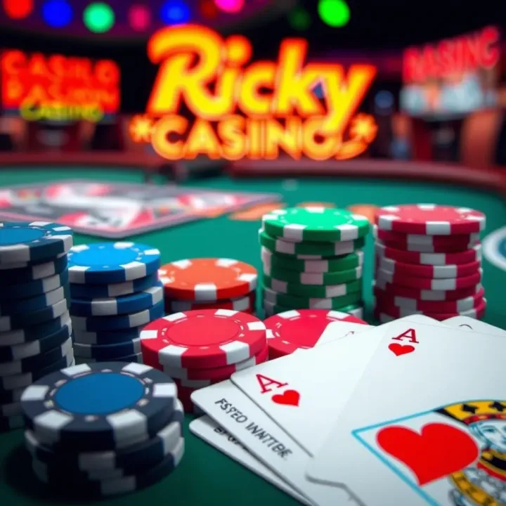 Colorful casino chips and playing cards symbolizing different types of bonuses at Ricky Casino