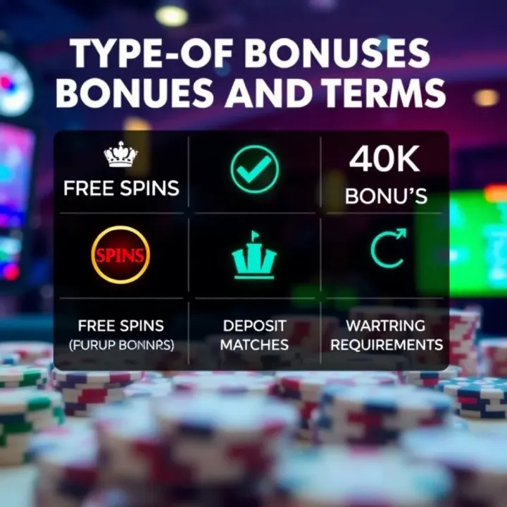 Types of Bonuses and Terms at Ricky Casino Graphic depicting various types of casino bonuses with icons representing free spins, deposit matches, and wagering requirements