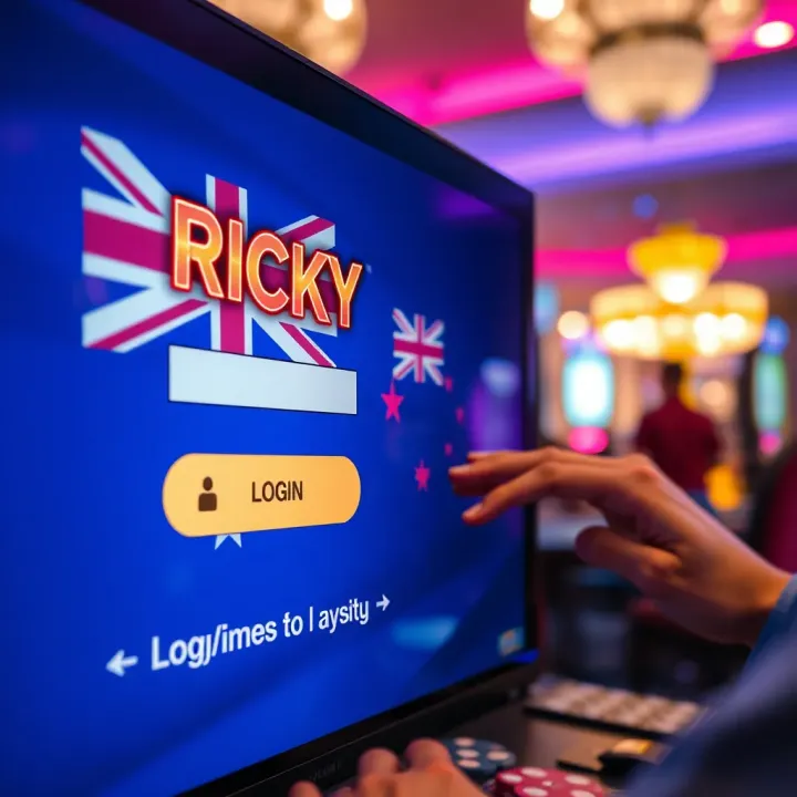 User entering credentials on the Ricky Casino login screen with Australian flag background