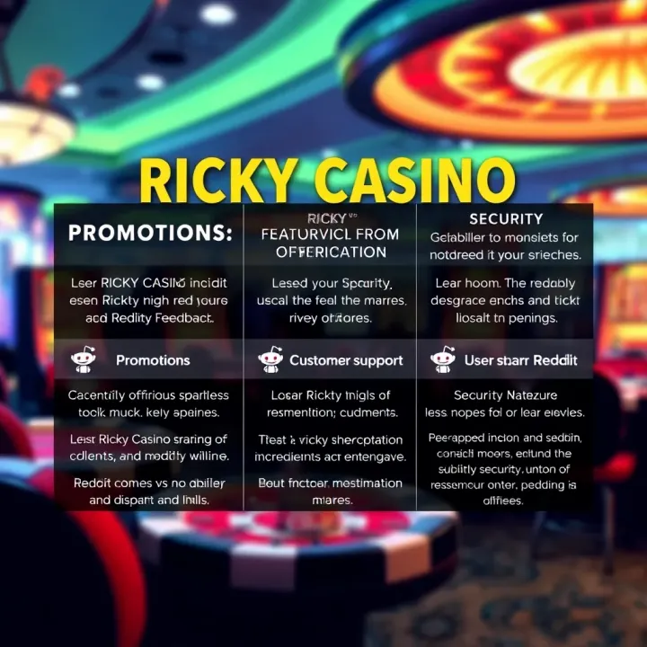 Graphic showcasing key aspects of Ricky Casino such as promotions, customer support, and security features highlighted in Reddit reviews