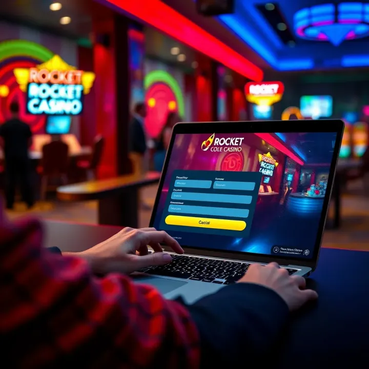 User filling out online registration form on a laptop with casino-themed background