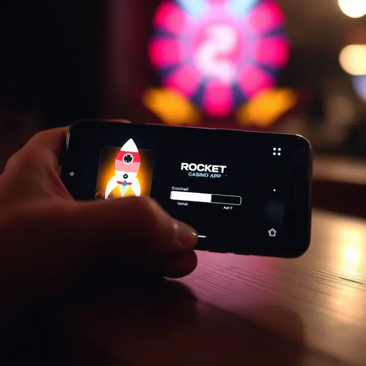 Illustration of smartphone showing download and installation progress of Rocket Casino app