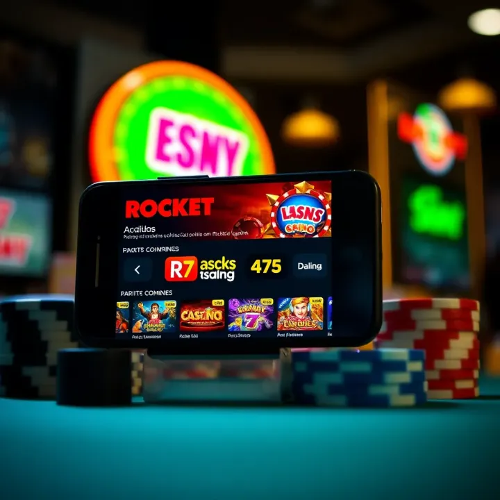 Mobile phone screen displaying the Rocket Casino app interface with game icons and navigation menu