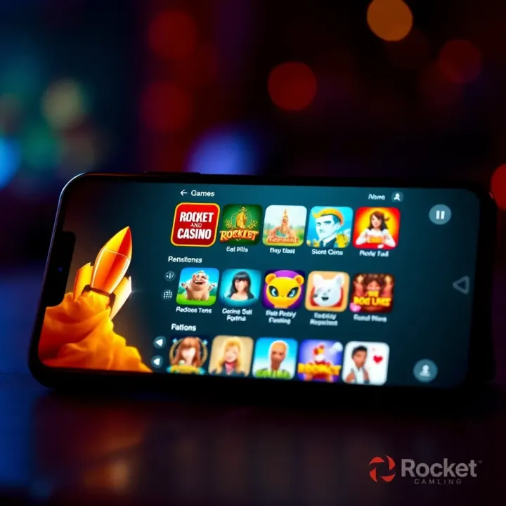 Mobile device displaying Rocket Casino app interface with game options visible