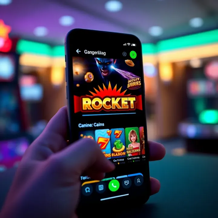 Smartphone displaying RocketPlay Casino app interface with vibrant game icons