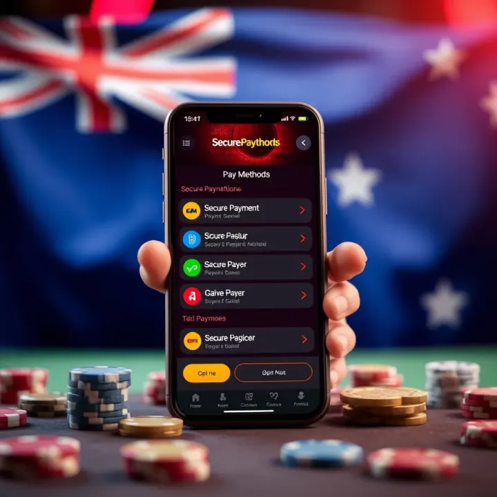 Secure Payment Methods on RocketPlay Casino App Mobile phone displaying secure payment options available on RocketPlay Casino app with Australian flag in background