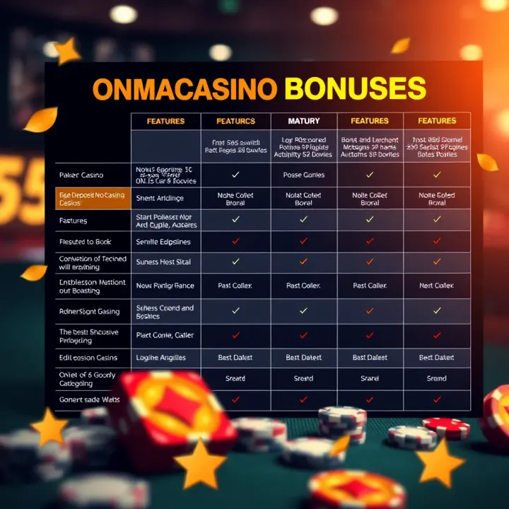 Comparison chart highlighting features and benefits of various online casino bonuses