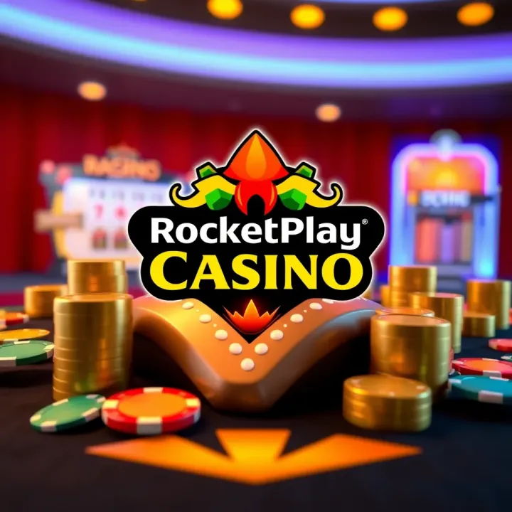 Bright RocketPlay Casino logo with colorful chips and coins symbolizing bonus rewards